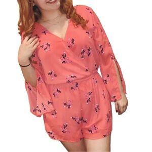 Arizona Jean Co. Floral Print Split Sleeve Romper Coral Large